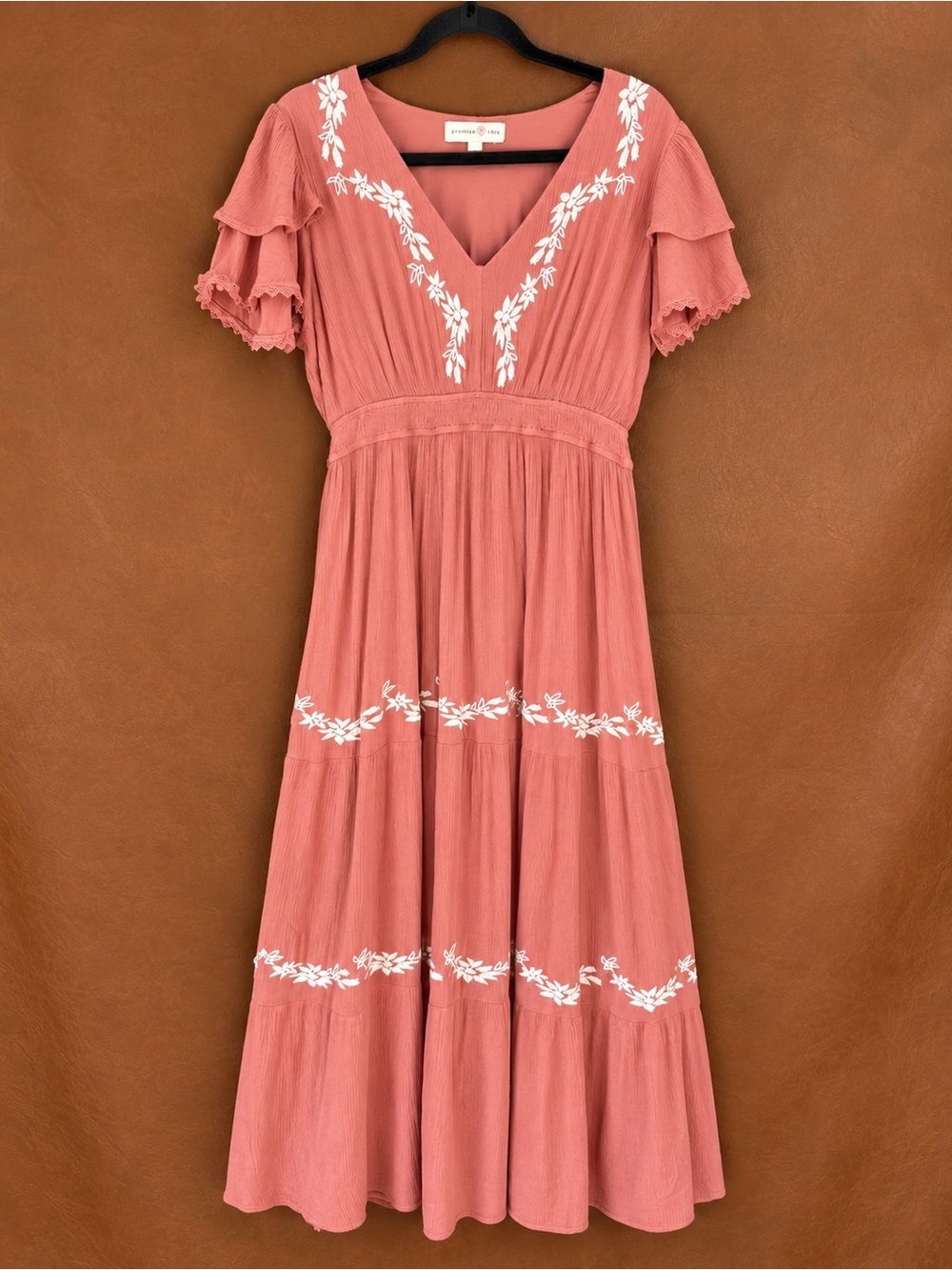 Penelope Rose XL Coral Embroidered Boho Maxi Dress Flutter Sleeve Tiered